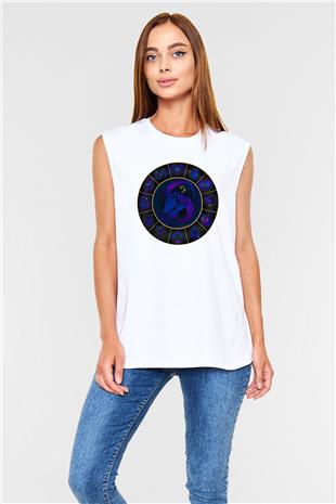 Oğlak Burcu Baskılı Beyaz Unisex Kolsuz Tişört - Tshirt
