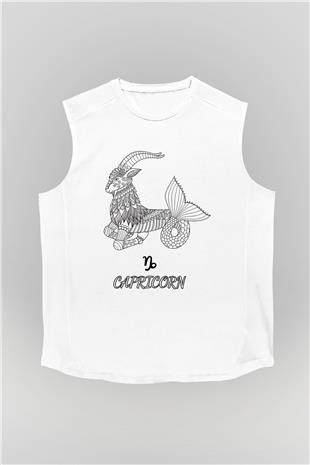 Oğlak Burcu Baskılı Beyaz Unisex Kolsuz Tişört - Tshirt