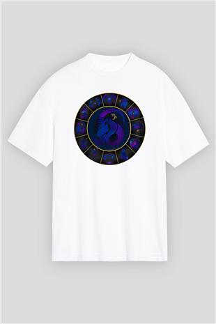 Oğlak Burcu Baskılı Beyaz Unisex Oversize Tişört - Tshirt
