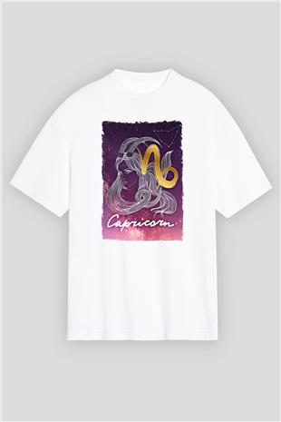 Oğlak Burcu Baskılı Beyaz Unisex Oversize Tişört - Tshirt