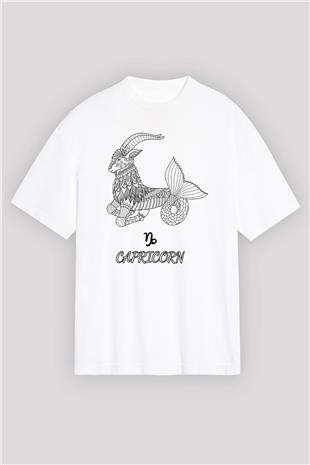 Oğlak Burcu Baskılı Beyaz Unisex Oversize Tişört - Tshirt