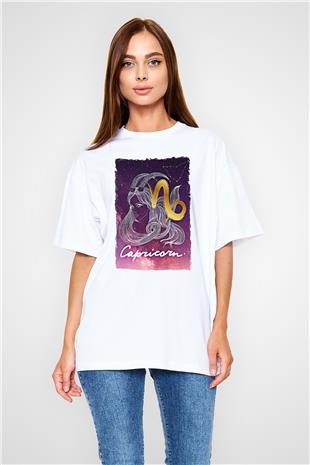 Oğlak Burcu Baskılı Beyaz Unisex Oversize Tişört - Tshirt