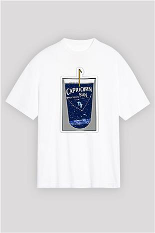 Oğlak Burcu Baskılı Beyaz Unisex Oversize Tişört - Tshirt