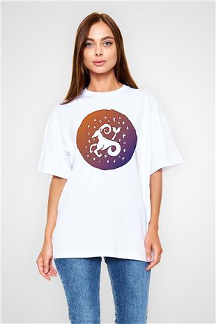 Oğlak Burcu Baskılı Beyaz Unisex Oversize Tişört - Tshirt