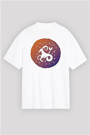 Oğlak Burcu Baskılı Beyaz Unisex Oversize Tişört - Tshirt