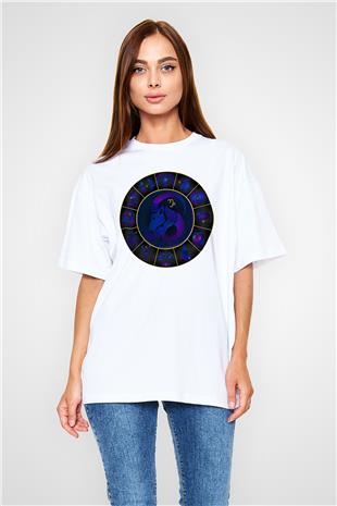 Oğlak Burcu Baskılı Beyaz Unisex Oversize Tişört - Tshirt