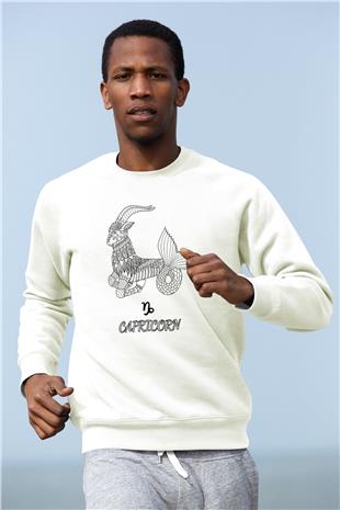 Oğlak Burcu Baskılı Beyaz Unisex Sweatshirt