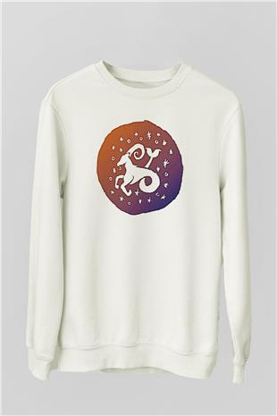 Oğlak Burcu Baskılı Beyaz Unisex Sweatshirt