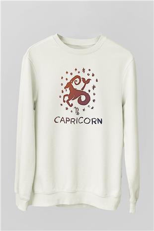 Oğlak Burcu Baskılı Beyaz Unisex Sweatshirt