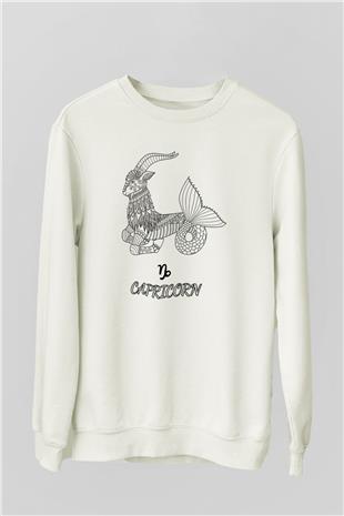 Oğlak Burcu Baskılı Beyaz Unisex Sweatshirt