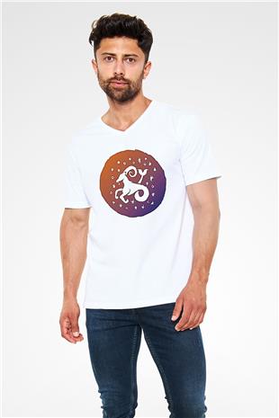 Oğlak Burcu Baskılı Beyaz Unisex V Yaka Tişört - Tshirt