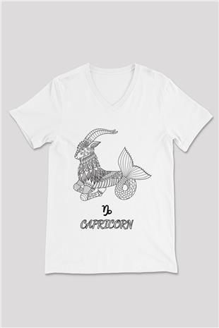 Oğlak Burcu Baskılı Beyaz Unisex V Yaka Tişört - Tshirt