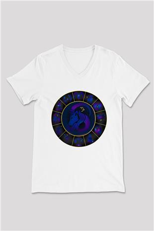 Oğlak Burcu Baskılı Beyaz Unisex V Yaka Tişört - Tshirt