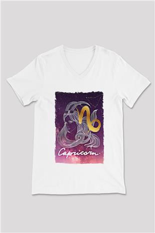 Oğlak Burcu Baskılı Beyaz Unisex V Yaka Tişört - Tshirt