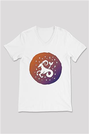 Oğlak Burcu Baskılı Beyaz Unisex V Yaka Tişört - Tshirt