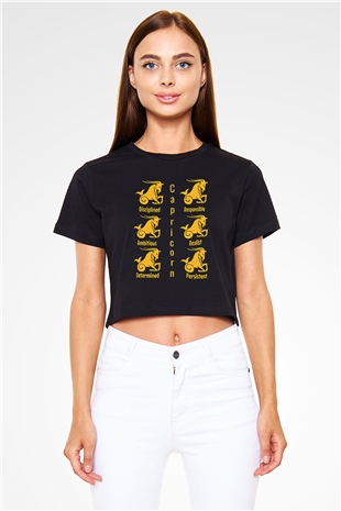 Oğlak Burcu Baskılı Siyah Crop Top Kadın Tişört - Tshirt