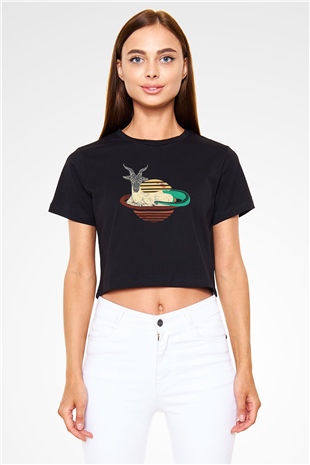 Oğlak Burcu Baskılı Siyah Crop Top Kadın Tişört - Tshirt