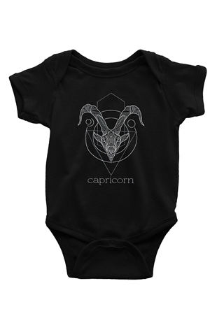 Oğlak Burcu Baskılı Unisex Siyah Bebek Body - Zıbın