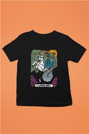 Oğlak Burcu Baskılı Unisex Siyah Çocuk Tişört - Tshirt