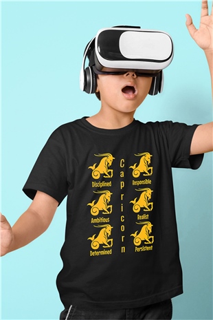 Oğlak Burcu Baskılı Unisex Siyah Çocuk Tişört - Tshirt