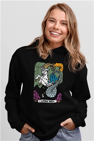 Oğlak Burcu Baskılı Unisex Siyah Hoodie