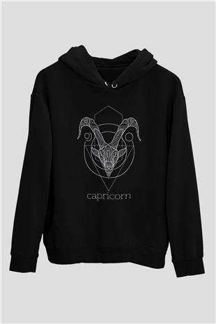 Oğlak Burcu Baskılı Unisex Siyah Hoodie