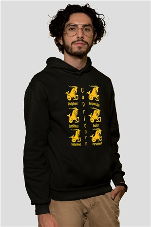 Oğlak Burcu Baskılı Unisex Siyah Hoodie