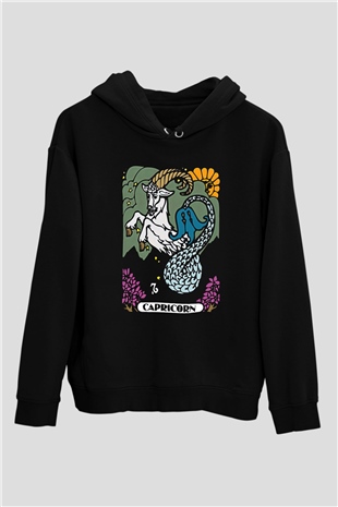 Oğlak Burcu Baskılı Unisex Siyah Hoodie