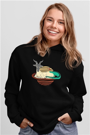 Oğlak Burcu Baskılı Unisex Siyah Hoodie