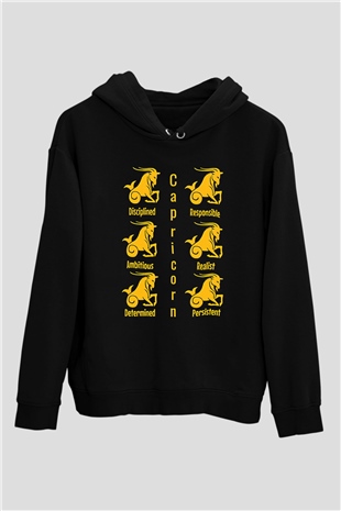 Oğlak Burcu Baskılı Unisex Siyah Hoodie