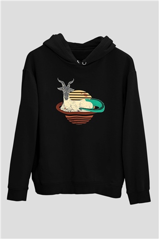 Oğlak Burcu Baskılı Unisex Siyah Hoodie