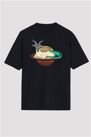 Oğlak Burcu Baskılı Unisex Siyah Oversize Tişört - Tshirt