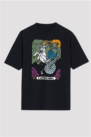 Oğlak Burcu Baskılı Unisex Siyah Oversize Tişört - Tshirt