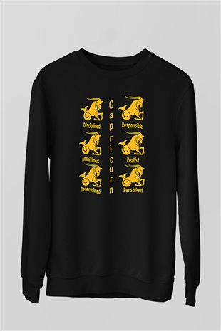 Oğlak Burcu Baskılı Unisex Siyah Sweatshirt