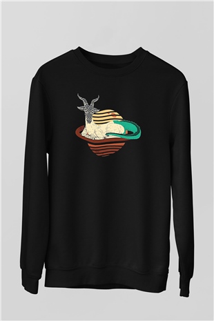 Oğlak Burcu Baskılı Unisex Siyah Sweatshirt