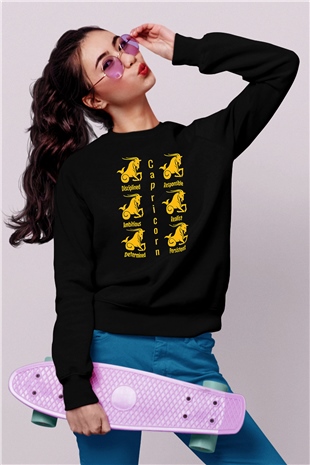 Oğlak Burcu Baskılı Unisex Siyah Sweatshirt