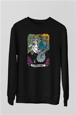 Oğlak Burcu Baskılı Unisex Siyah Sweatshirt
