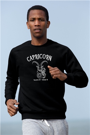 Oğlak Burcu Baskılı Unisex Siyah Sweatshirt
