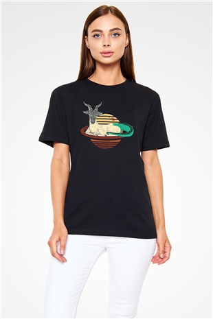 Oğlak Burcu Baskılı Unisex Siyah Tişört - Tshirt