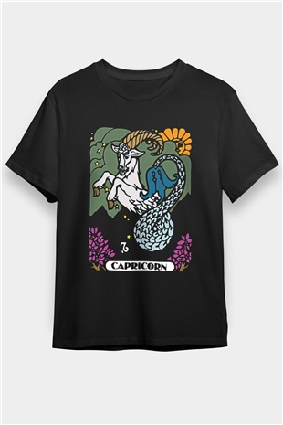 Oğlak Burcu Baskılı Unisex Siyah Tişört - Tshirt