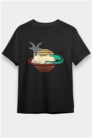 Oğlak Burcu Baskılı Unisex Siyah Tişört - Tshirt