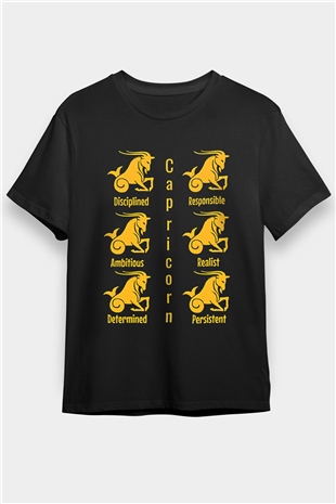 Oğlak Burcu Baskılı Unisex Siyah Tişört - Tshirt