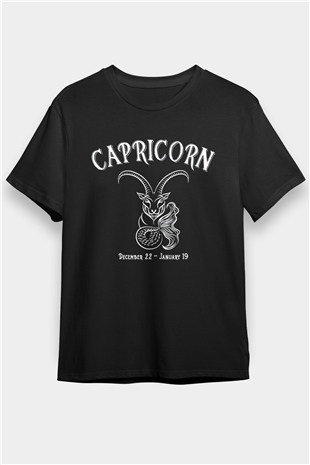 Oğlak Burcu Baskılı Unisex Siyah Tişört - Tshirt