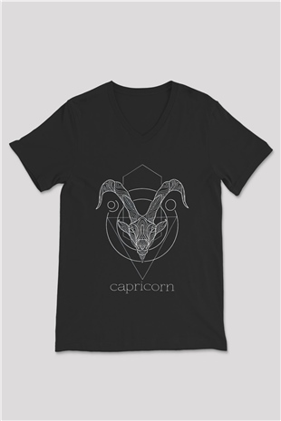 Oğlak Burcu Baskılı Unisex Siyah V Yaka Tişört - Tshirt