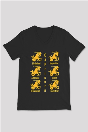 Oğlak Burcu Baskılı Unisex Siyah V Yaka Tişört - Tshirt