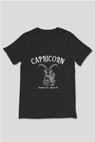 Oğlak Burcu Baskılı Unisex Siyah V Yaka Tişört - Tshirt