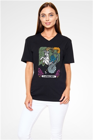Oğlak Burcu Baskılı Unisex Siyah V Yaka Tişört - Tshirt