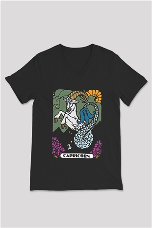 Oğlak Burcu Baskılı Unisex Siyah V Yaka Tişört - Tshirt