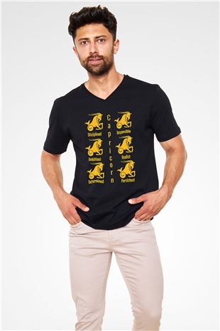 Oğlak Burcu Baskılı Unisex Siyah V Yaka Tişört - Tshirt