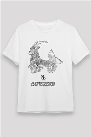 Oğlak Burcu Unisex Baskılı Beyaz Tişört - Tshirt